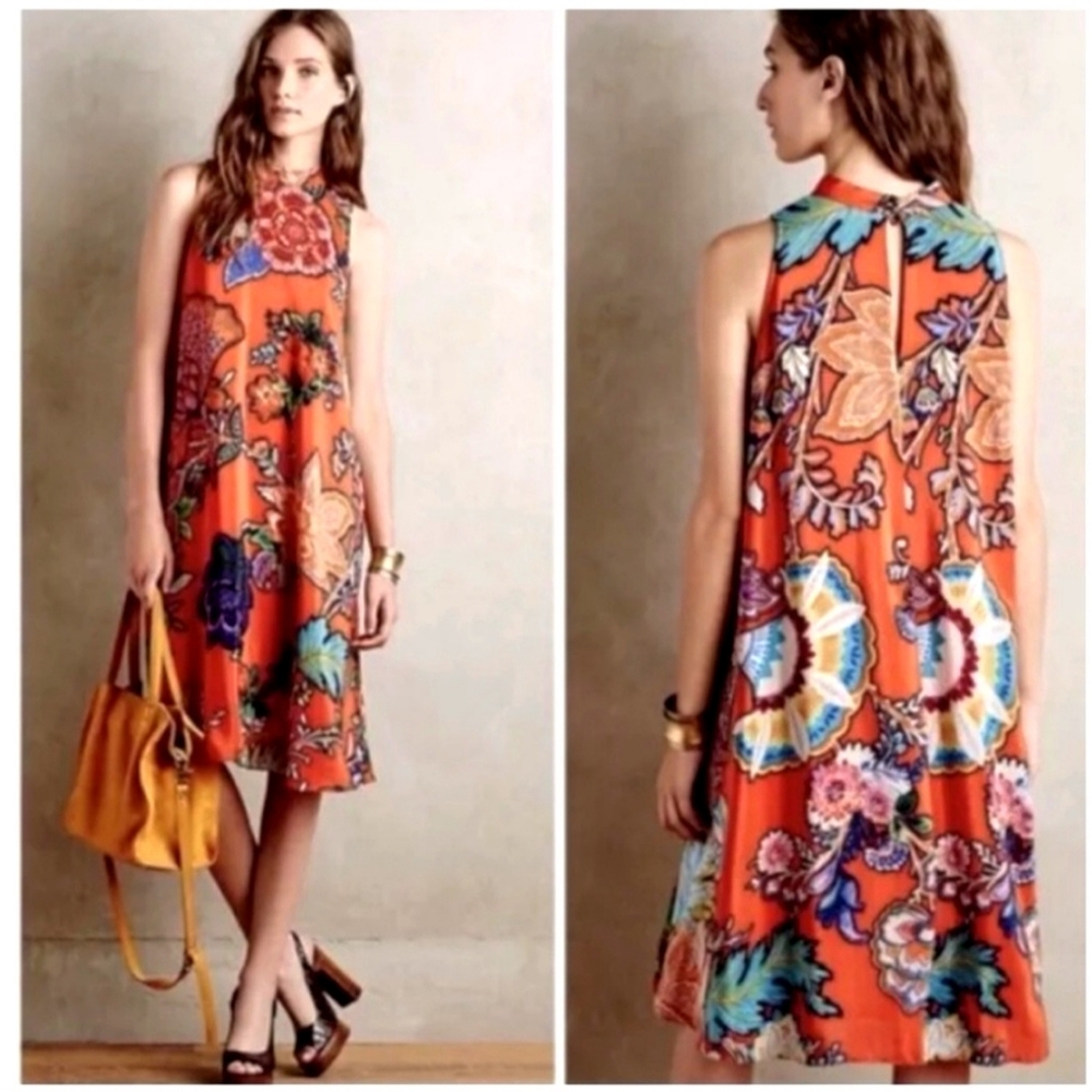 Maeve Anthropologie Larkhill Silk Floral Shift Dress Orange Sleeveless Size S